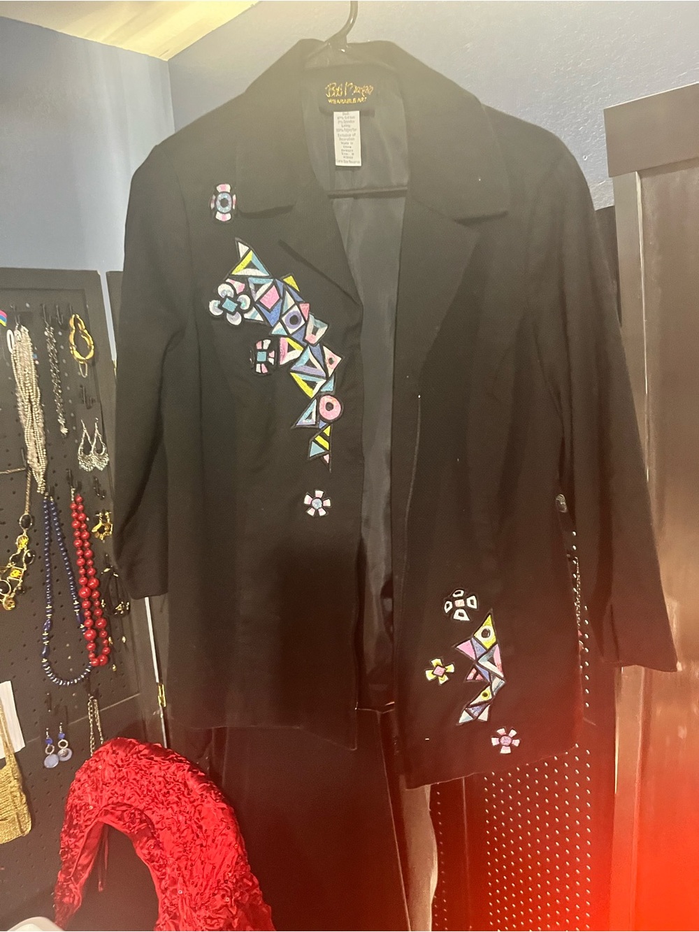 Bob Mackie Black Blazer with Multicolor Geometric Embroidery